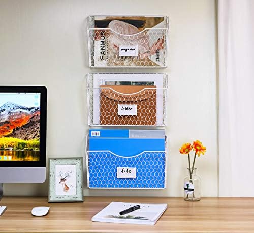PAG-Mass 3 Pockets Hanging File Holder Wall Mount Mail Organizer Metal Chicken Wire Magazine Rack with Tag Slot, White - Image 6
