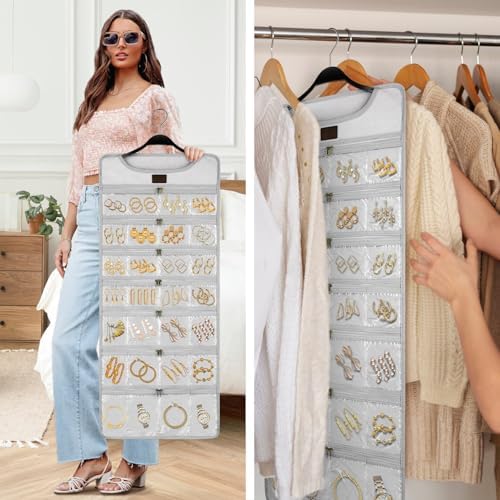 SMRITI Hanging Jewelry Organizer with Dual Zippered Pockets Canvas Double Sided Rotating Hanger Necklace Hanging Wall Organizer Earring Dustproof Holder Wall Mount Accessories Display Bag(Light Grey) - Image 6