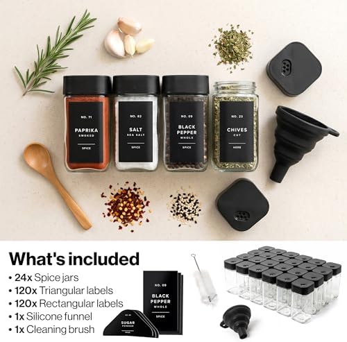EDELHAUS Glass Square Spice Jars with Label, 24x Black Sprinkle Lids - Image 6