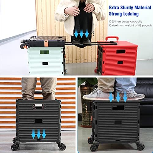 Quick Utility Cart Folding Portable Rolling Crate Handcart with Durable Heavy Duty Plastic Telescoping Handle Collapsible 4 Rotate Wheels for Travel Shopping Moving Luggage Office Use (Black&red lid) - Image 7