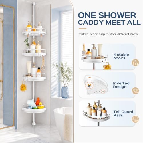 HAMITOR Corner Shower Caddy Tension Pole: Adjustable Stainless Steel Shower Organizer with 4 Tier Shelf for Bathroom Bathtub Tub Shampoo - Floor Standing Rack Bath Storage Holder with Rust Proof Rods - Image 7