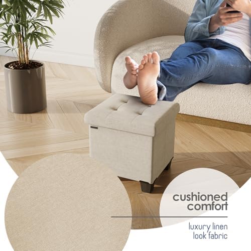 Storage Ottoman Cube with Small Bin, 15-in Square Ottoman with Storage for Living Room and Bedroom, Small Ottomans Foot Rest, Fabric Foot Stools Ottomans Max 330lbs, Beige - Image 7