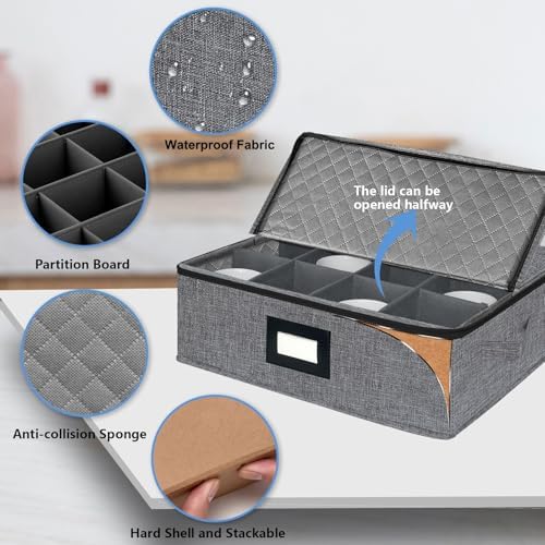 homyfort Mug Coffee Storage Box with Dividers - Stackable Glass China Storage Containers Hard Shell with Lid, Label and Handles, Holds 12 Coffee Mugs and Tea Cups (Dark Grey) - Image 6
