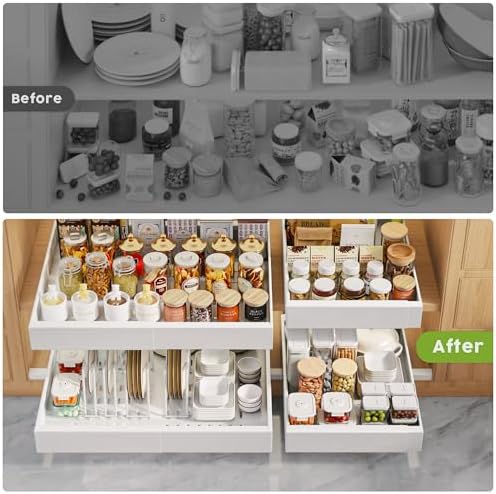 Seinloes 6 Pack Pull Out Cabinet Organizer 21"Deep with Raising Pad for Framed Cabinets,Expandable Slide Out Drawers with 4pcs Divider Racks,Roll Out Shelf Adhesive,Adjustable Width 12.05"-20.4"White - Image 6