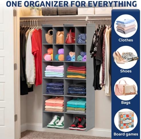 6 Tier Hanging Closet Organizer, 16 Compartments Dual Row Storage, Grey - Image 6