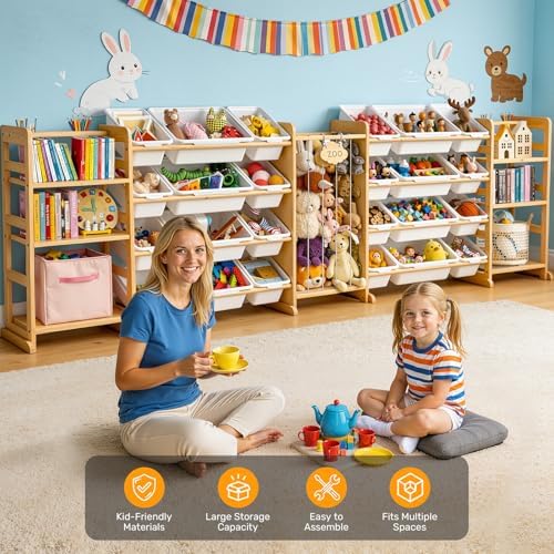 114" Large Toy Storage Organizer with Bins Shelves & Stuffed Animal Storage for Kids Wood Toddler Playroom Organization with Bookshelf Toys Box Wooden Organizers for Kids Room Nursery Bedroom - Image 6