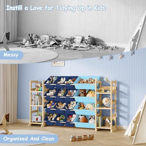 EXPERLAM Extra Large Toy Storage - Toy Storage Organizer, Wooden Toy Organizer with 6 Side Shelves and 16 Bins, 3-in-1 Bookshelf for Kids Rooms, Playroom, Nursery, Blue - Image 6