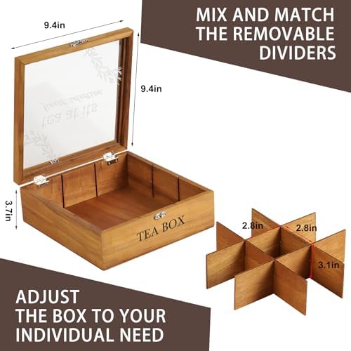 Wooden Tea Box,Farmhouse Tea Storage Organizer,9-Slot,Clear Lid - Image 6