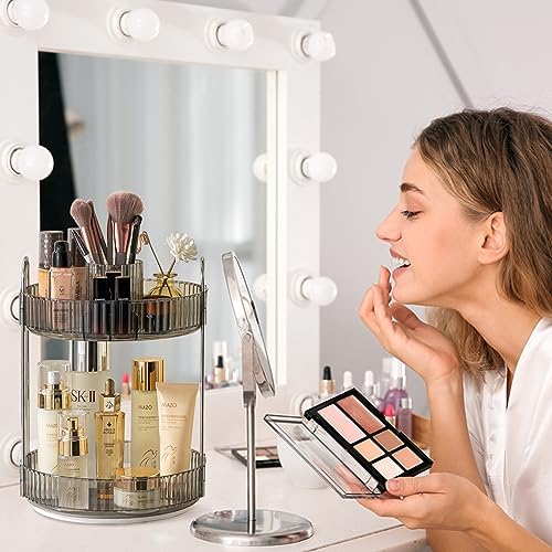 shuang qing Rotating Makeup Organizer for Vanity, High-Capacity Skincare Clear Make Up Storage Perfume Organizers Cosmetic Dresser Organizer Countertop 360 Spinning (Gray, New-2 Tier) - Image 6