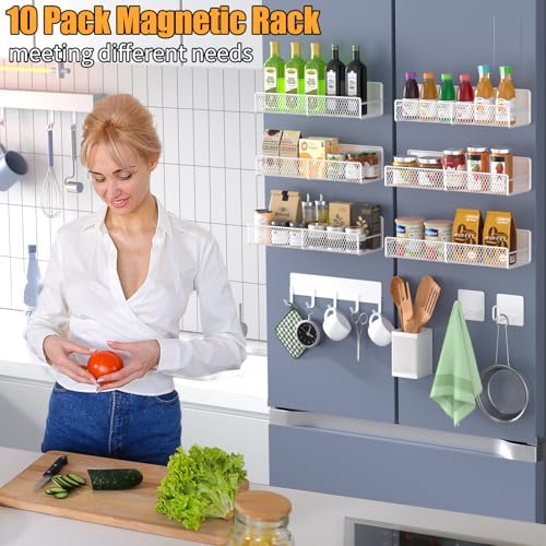 Magnetic Spice Rack for Refrigerator, 10 Pack Metal Magnetic Shelf, Moveable Spice Organizer with Hook Rack, Paper Towel Holder, Kitchenware Holder, Strong Magnetic Storage Fridge Organizer White - Image 6