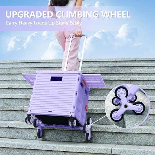 Foldable Utility Cart with Stair Climbing Wheels,Collapsible Rolling Crate with Magnetic Lid Telescopic Cover,Telescoping Handle,360° Rotate Wheel Hand Cart for teacher Shopping Moving Grocery(Purple) - Image 7