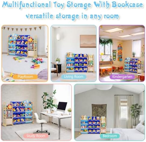 Kids Toy Storage Organizer with Bookshelf – Wooden Shelf with 16 Bins & 3 Shelves, Quick Assembly Storage Rack for Playroom, Bedroom, Nursery - Blue - Image 7