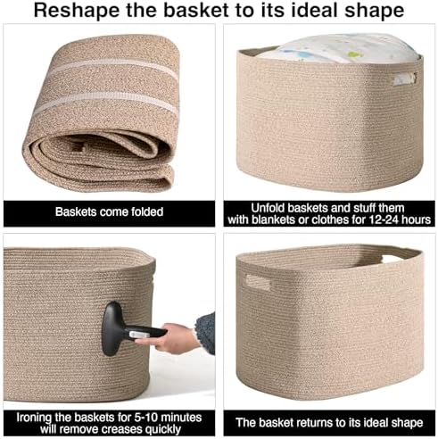 ICERZCZ Large Storage Basket for Organizing, Blanket Basket for Living Room, Large Toy Baskets for Storage, Woven Cotton Rope Baskets for Blankets, Clothes, Shoes, Brown, 25”x16”x16” (105L) - Image 7