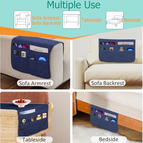 Sofa Armrest Organizer with 6 Pockets, Non-Slip Couch Recliner Armchair Caddy, Washable Remote Controls Holder, Storage for Magazine, Tablet (Navy) - Image 7