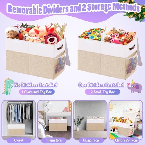 Large Toy Storage Box with Lid & Dividers, Kids Toy Chest, Beige and White - Image 6