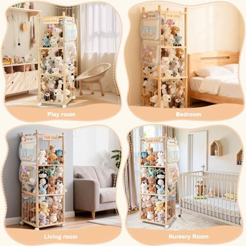 Large Stuffed Animal Storage, Wood Stuffed Animal Zoo with Brake Wheels and Hanging Storage Net, Space Save Toy Organizer, Large Capacity Stuffed Animal Holder, Perfect for Nursery Playroom Kidroom - Image 7
