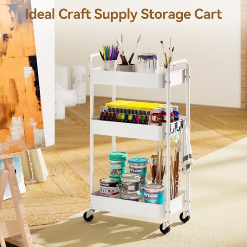 YASONIC 3-Tier Metal Rolling Cart Utility Carts with Wheels White - Image 7