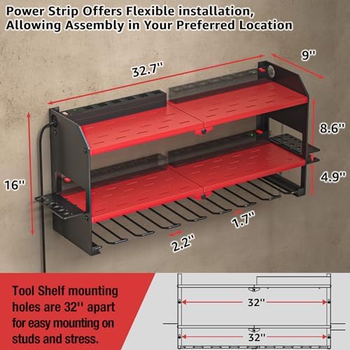 YYR Power Tool Organizer with Charging Station Wall Mount, Cordless Drill and Battery Holder for Garage Organization, Electric Tools Storage Rack Build in Surge Protection Power Strip - Red Shelf - Image 6