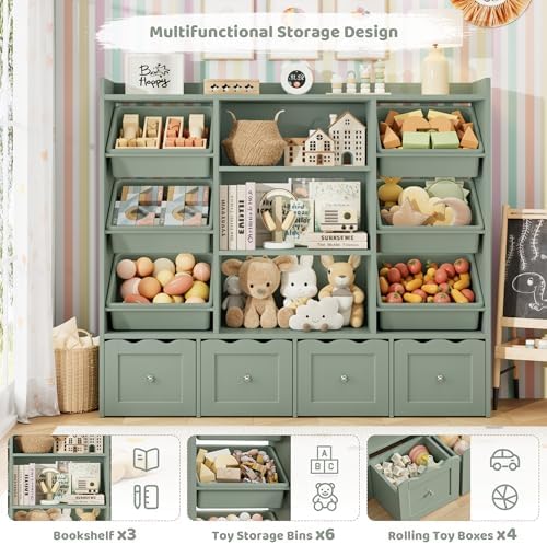 HITHOS 55" W Kids Toy Storage Organizer with 10 Toy Box & Book Shelf, Green - Image 6