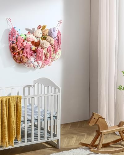 Boho Stuffed Animal Hammock, Falt Wall or Corner Hanging, Pink, L - Image 7