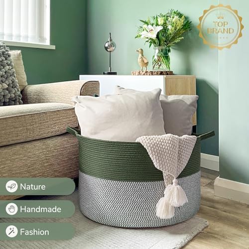 INDRESSME XXXLarge Woven Rope Blanket Basket Living Room Green, 90L - Image 7