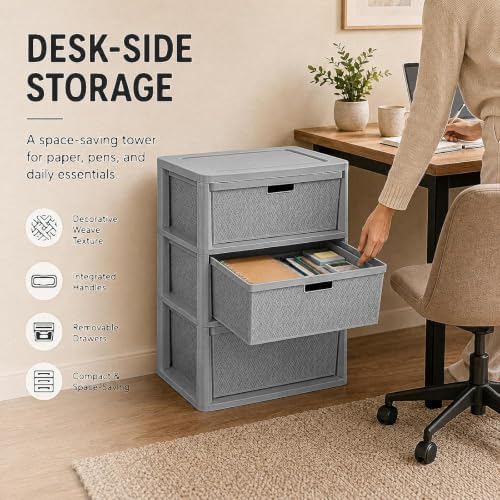 Wide 3-Drawer Plastic Storage Tower, Decorative Organizer Chest, Gray - Image 7