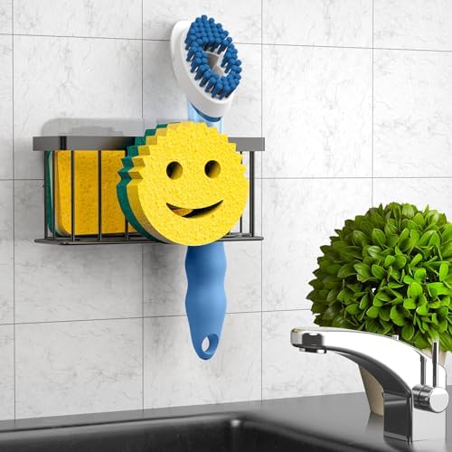 MURLONG Sponge Holder Smiley Face, Sink Organizer with 2 Suction Cups/1 Adhesive Strips, Designed for Sponge, Soap, Dish Brush, Scrubber - Black - Image 6