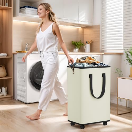 SpaceTrove Rolling Laundry Basket with Wheels, Laundry Hamper, 100L, Cream - Image 6