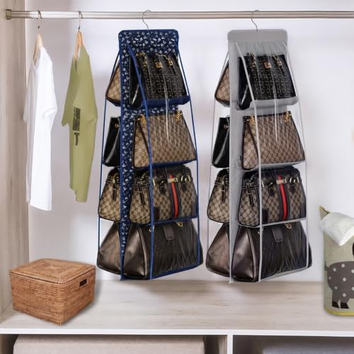 Lirex Handbag Hanging Purse Organizer for Closet, 8 Pocket Handbag Storage Organizer Hanger Oxford Cloth Closet Organizer for Family Closet Bedroom, Foldable and Universal Fit, Blue White Floral - Image 6