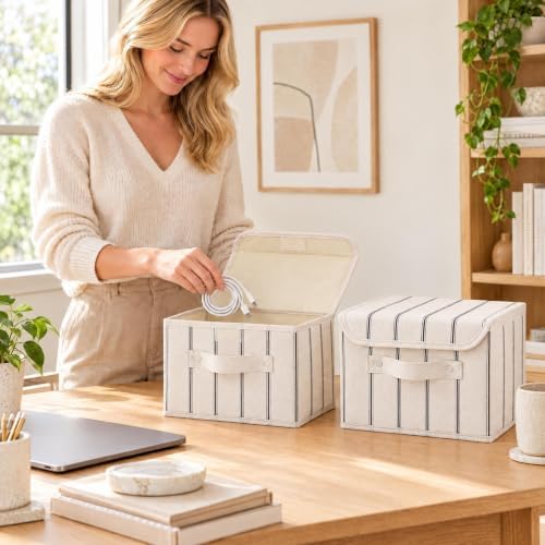 Decorative Linen Storage Boxes with Lids - Spacious Set of 2 Organizer Bins - Image 7