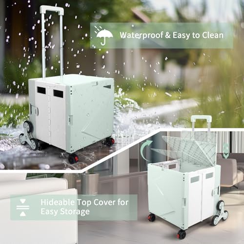 76L Folding Utility Cart Portable Rolling Crate Handcart Shopping Collapsible Tool Box with Stair Climbing Wheels,Hidden Lid,2 Rotate Wheels,for Grocery,Shopping,Office,Storage(Green White) - Image 7