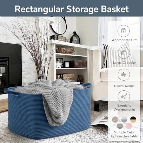 Goodpick Large Woven Rope Blanket Basket, Rectangle, Dark Blue - Image 7
