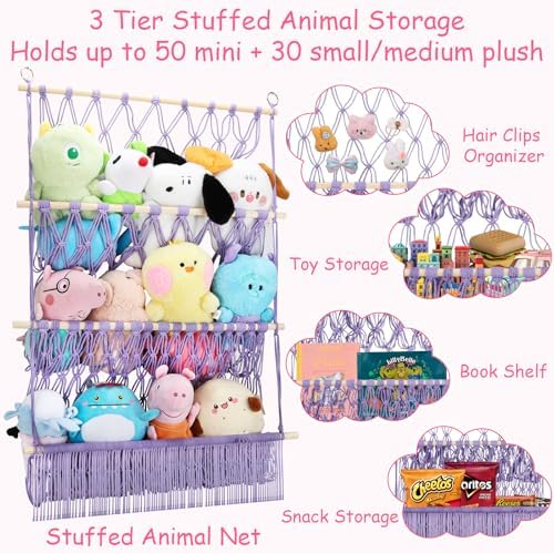 3 Tier Stuffed Animal Storage Net, 24x39 Inch Large Stuffy Storage,Purple - Image 6