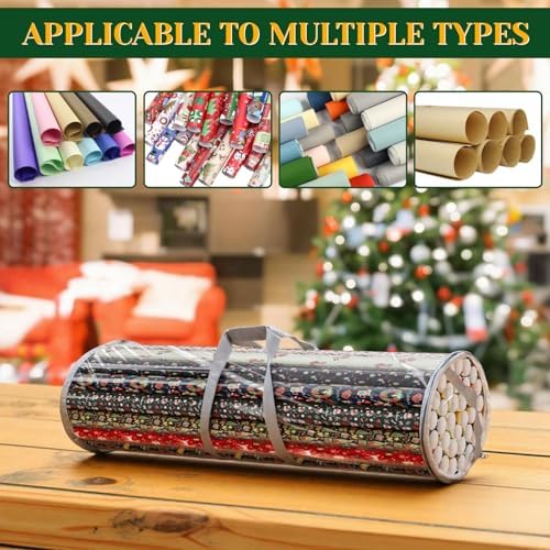 Homakover Clear PVC Christmas Wrapping Paper Organizer Storage, 30" Gift Wrap Organizer Zippered Storage, Fit for 18-25 Rolls (Grey) - Image 7
