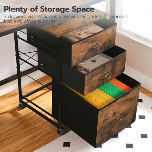 HOOBRO 3-Drawer Mobile File Cabinet, Vertical Filing Cabinet, Under Desk Cart with Drawers for Home Office, Rolling Printer Stand, A4/Letter-Sized, Fabric Drawer, Rustic Brown BF30WJ01 - Image 7