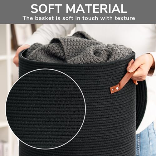 CHICVITA Large Woven Laundry Basket with Lid & Leather Handles, 60L, Black - Image 6