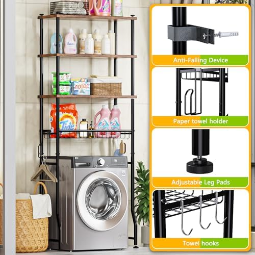 Over-The-Toilet Storage Shelf,4-Tier Bathroom Organizer Cabinet Rack And Storage Over Toilet With Shelf Waterproof Feet Pad And Basket,Multifunctional Space Saver Freestanding Bathroom Shelves(Brown) - Image 6