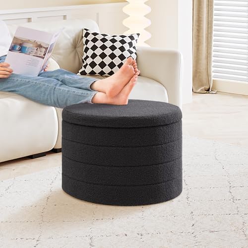 PINPLUS Large Round Folding Storage Ottoman, Dark Grey Boucle Footstool - Image 6