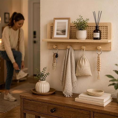 Rattan Wall Shelf with 4 Hooks, Entryway Key Holder & Coat Rack Wall Mount - Image 7