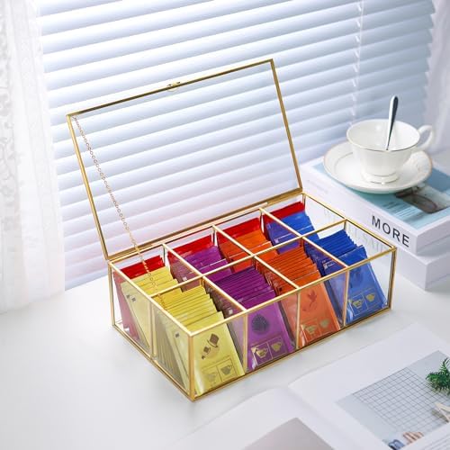 REDHUGO Glass Tea Bag Organizer, 8-Compartment Tea Storage Box, Gold - Image 6
