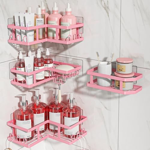 Youvip 4-Pack Adhesive Corner Shower Caddy with Soap Holder, No Drilling Wall Mounted Shower Shelves-Rustproof, Organizer for Bathroom, Kitchen & Home Decor. Pink - Image 5