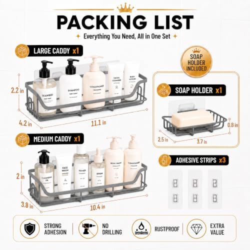 OMAIRA 3-Pack Shower Caddy with Soap Holder, Adhesive Rustproof No-drill Strudy Loading Inside Shower Organizer Shelves Rack Storage Bathroom Organization for Smooth Wall Glass Tile, Grey - Image 6