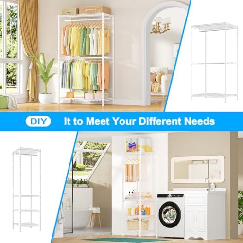 Ulif E10 Clothes Rack(With Stretchable Hanger Rod)Freestanding Clothing Racks for Hanging Clothes,Adjustable Closet Organizer System,Portable Garment Rack 73-97"W x 15" D x 72" H,Max Load 800LBS,White - Image 6