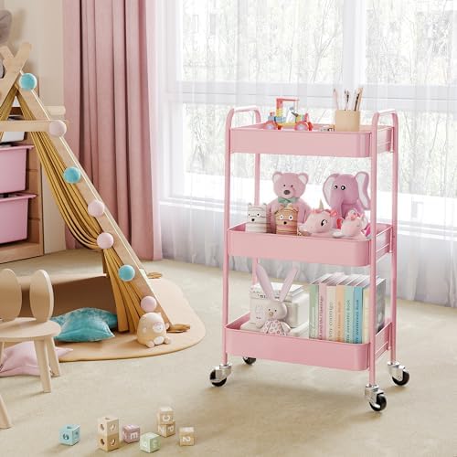 TOOLF 3 Tier Metal Rolling Cart, Utility Storage Cart with Wheels, Pink - Image 6