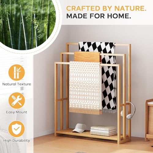 Bamboo Towel Rack Stand, 3 Tier Freestanding Bathroom Towel Drying Rack - Image 6
