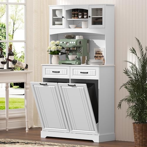 Double 13 Gallon Tilt Out Trash Can Cabinet with Deodorizing Function and Power Outlet, 71" Tall Wooden Garbage Can Holder Cabinet with 2 Storage Hutch & 2 Drawers for Kitchen and Dining Room, White - Image 7