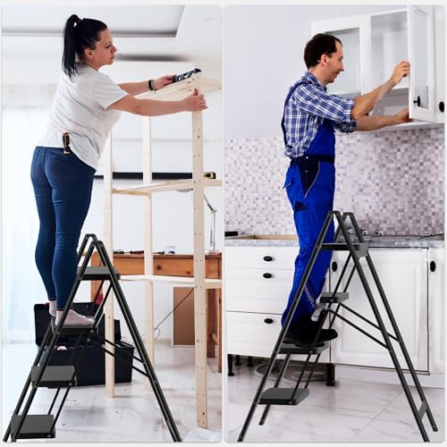 DIAMONDFORGE 4 Step Ladder, Folding Step Stool with Anti-Slip Wide Pedal, Anti-Slip Feet, Sturdiest Steel Construction, Steel Ladder for Home and Office, Black - Image 7