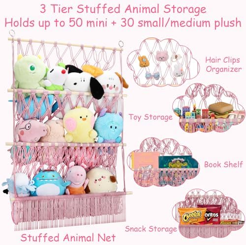 3 Tier Hanging Stuffed Animal Storage Shelf, 24x39 Inch Plushy Net,Pink - Image 6
