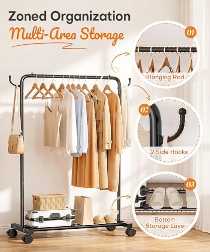 Homde Portable Clothes Rack for Bedroom: 4 Lockable Wheel Move Room-to-Room - Image 6