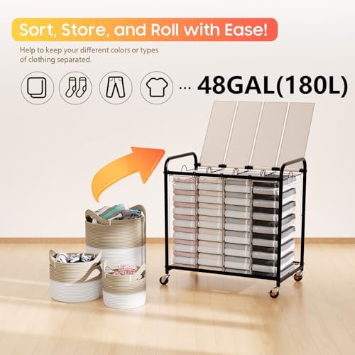Laundry Sorter 4 Sections 48 Gal, Rolling Laundry Basket with Wheels & Lid - Image 6